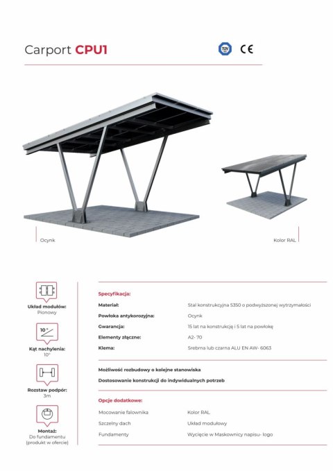 Wiaty / Carport V1 z konstrukcją pod PV (układ 3 moduł pionowo L